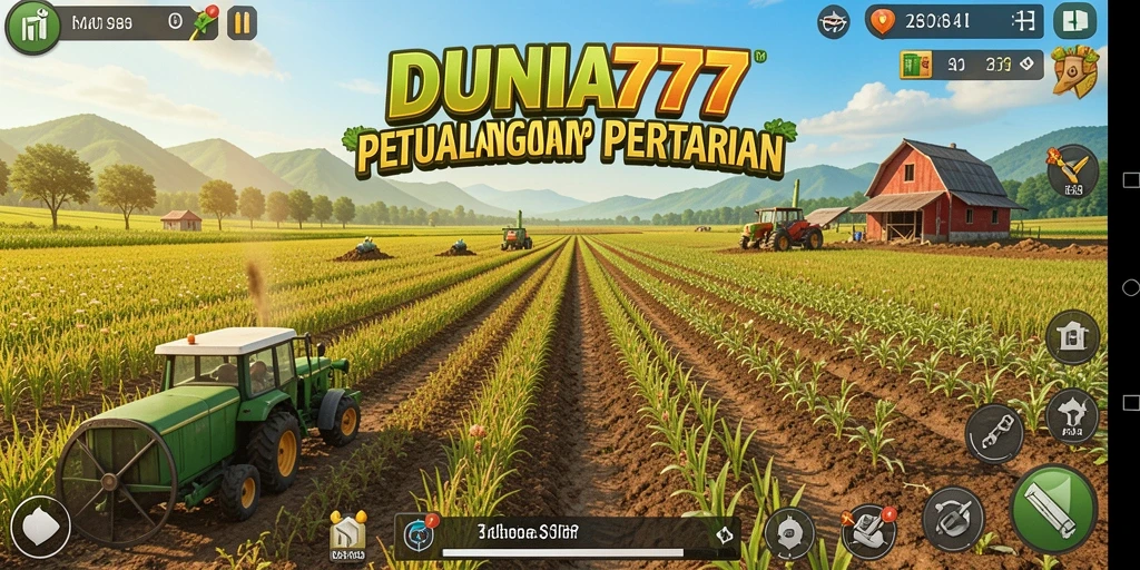 Screenshot utama DUNIA777 menampilkan pemain merawat kebun dengan tanaman yang subur.