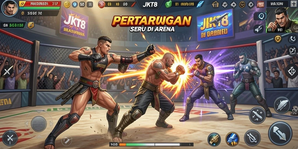 Tangkapan layar utama dari JKT8 menunjukkan aksi pertarungan yang intens.