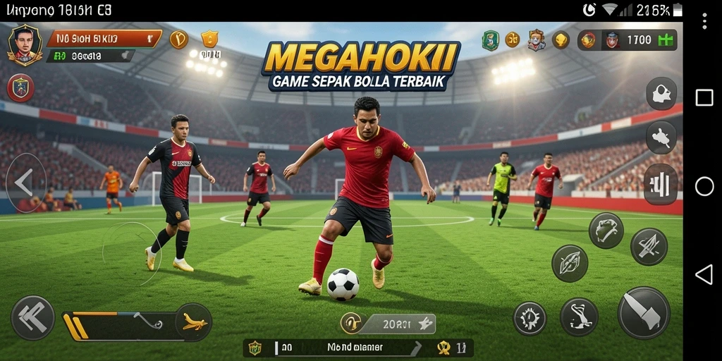 Tangkapan layar gameplay MEGAHOKI dengan aksi dinamis sepak bola.