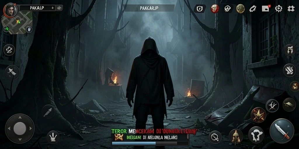 Gameplay PAKARJP menampilkan suasana horror yang mencekam dan penuh ketegangan.