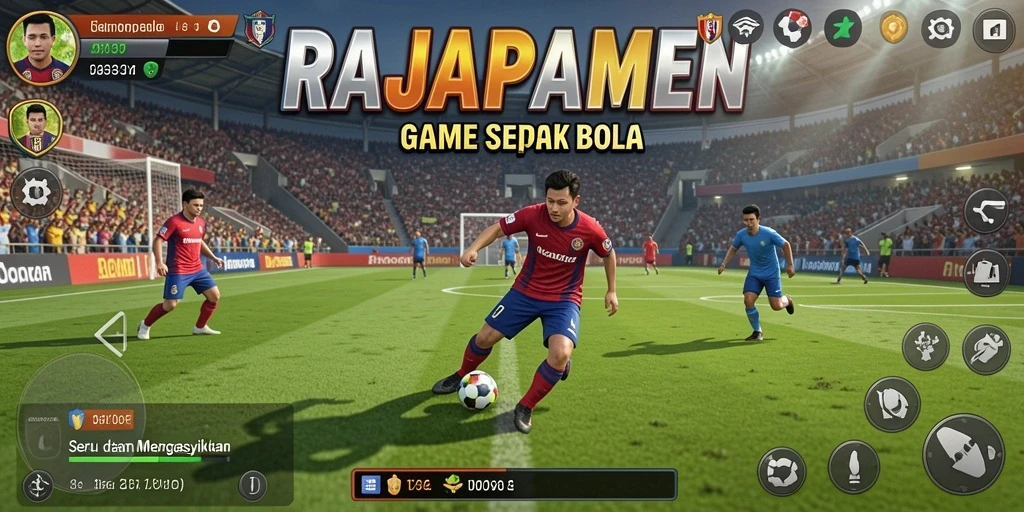 Tangkapan layar RAJAPAMEN menampilkan aksi seru di lapangan sepak bola.