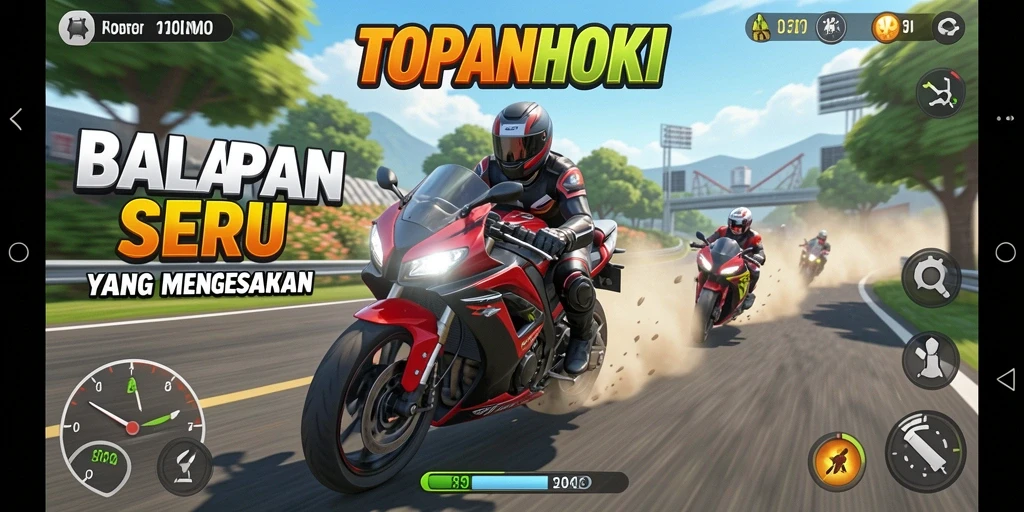 Screenshot gameplay seru dari TOPANHOKI dengan aksi balapan motor yang mendebarkan.