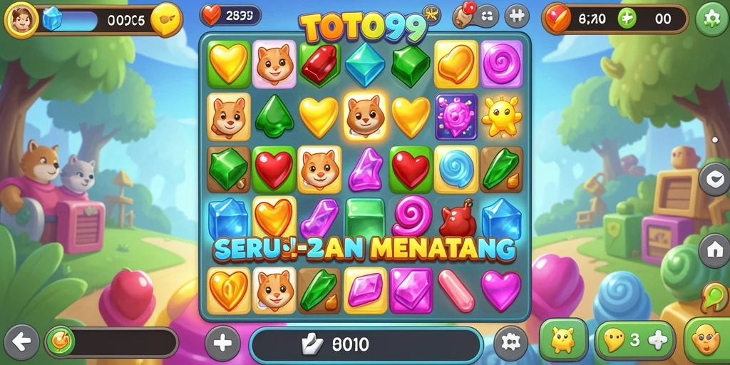 Screenshot utama TOTO99 menunjukkan gameplay Match-3 yang seru dan penuh warna.